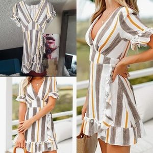 Sweet Pompom Faux Wrap Dress w/ attached belt.